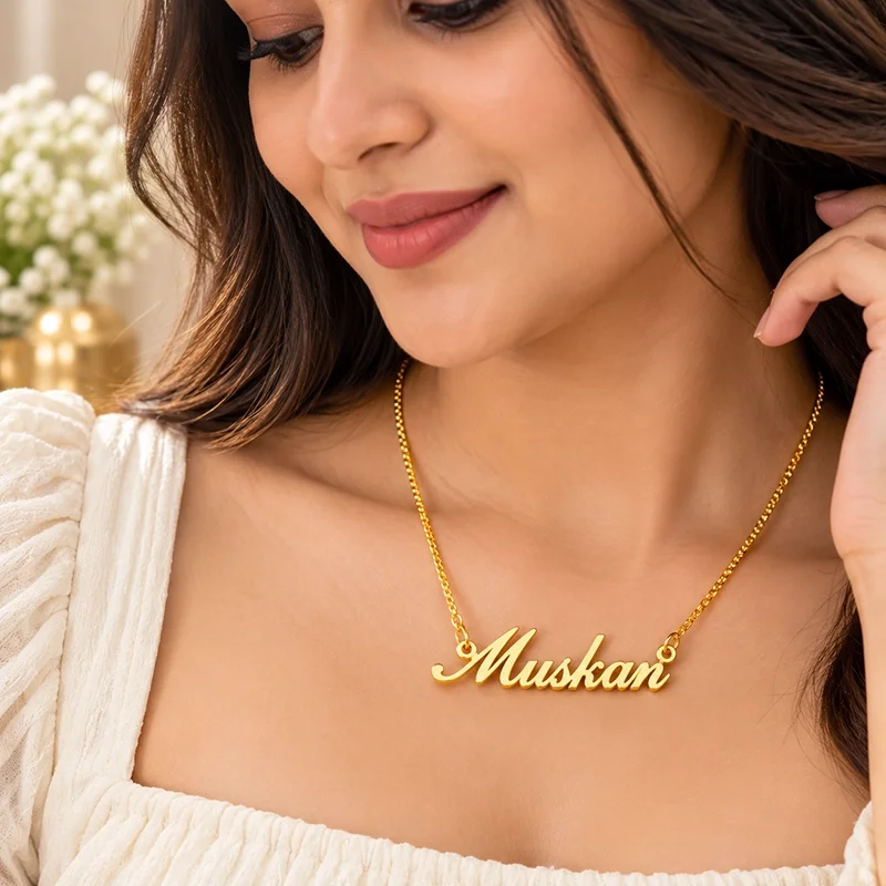 Woman wearing IGIFTZI Simple Style Personalized Name Necklace with Muskan pendant and white dress.