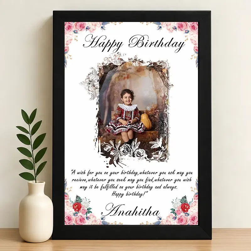 IGIFTZI Vintage Floral Birthday Portrait Frame with Personalized Name & Wish | Custom Photo Wall Frame
