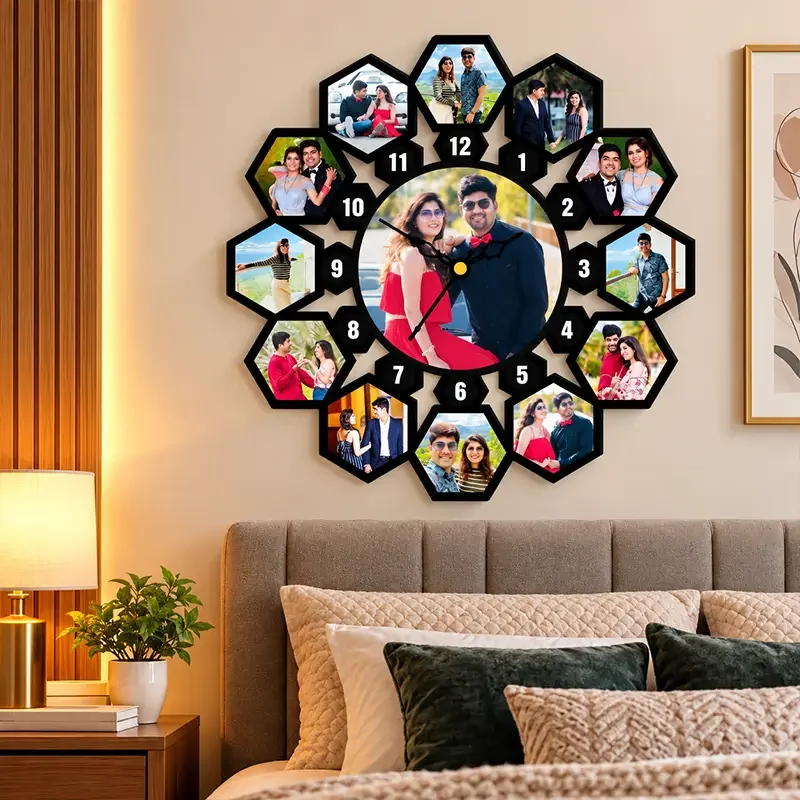 13 Photo Starburst Hexagon Personalized Couple Wall Clock