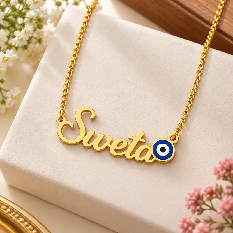 IGIFTZI Evil Eye Name Necklace with Sweta gold-tone pendant and blue evil eye charm.