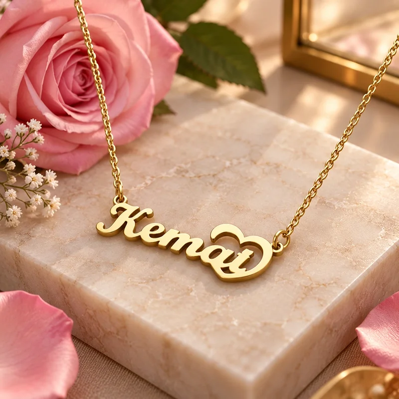 IGIFTZI Gold Plated Unique Heart Name Necklace with Kemal pendant displayed on marble beside pink roses.