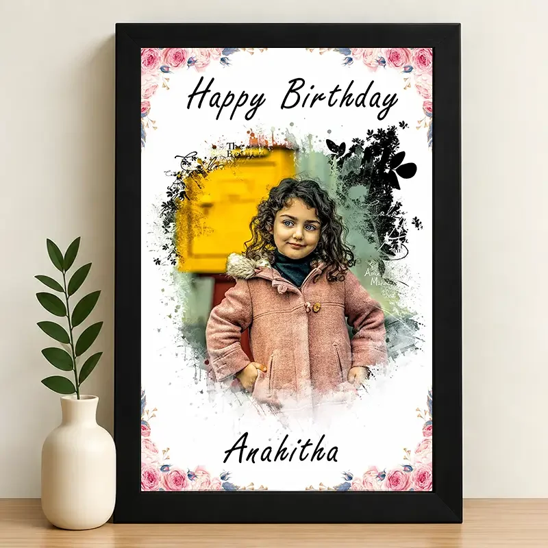 IGIFTZI Artistic Portrait Birthday Photo Frame with Name | Personalized Floral Wall Frame