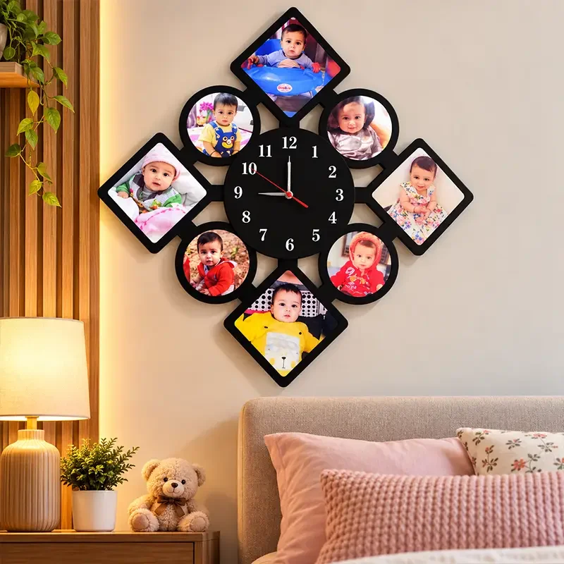 8 Photo Geometric Orbit Personalized Baby Wall Clock