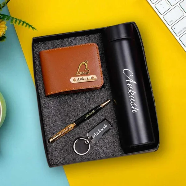 Personalized Gift Combo for Men – Wallet, Pen, Keychain & Temperature Bottle | IGIFTZI