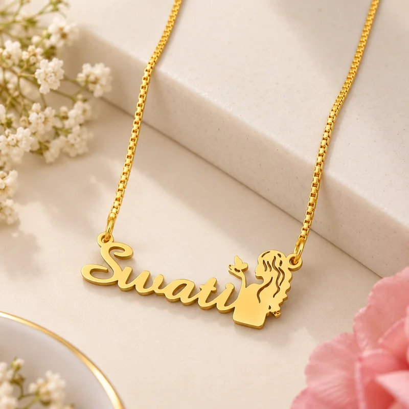 Gold-tone Doll Name Necklace with Swati lettering and girl silhouette by IGIFTZI.