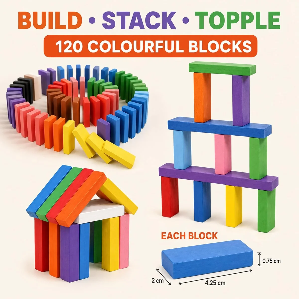 Wooden Domino Blocks Toy 120 Pieces | Montessori STEM Learning Toy | Color Recognition & Creative Building Blocks Game for Boys & Girls 3+ Years 3