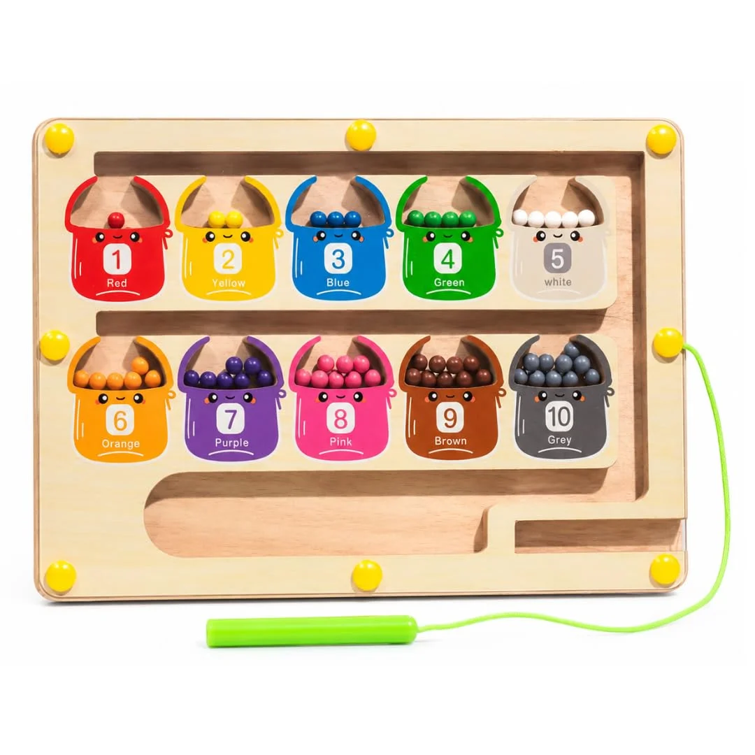 Toyly World™ Wooden Magnetic Bead Maze & Color Sorting Board for Kids | 10-Color Number Matching Learning Toy