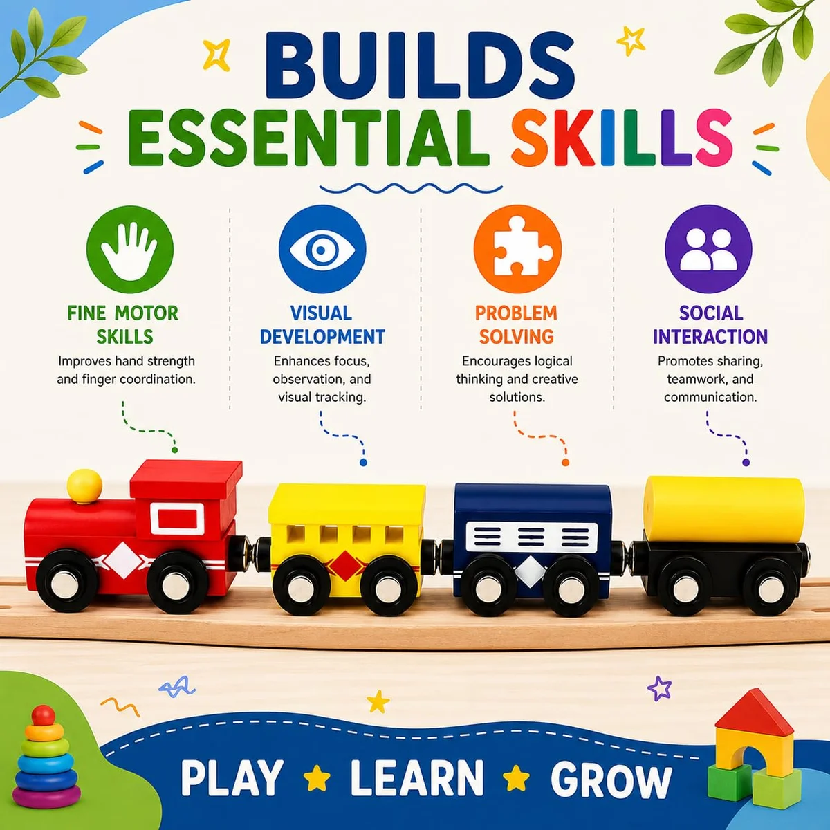 Toyly World™ Wooden Magnetic Train Set for Kids 3+ | Colourful Toy Train & Carriages | Pretend Play Learning Toy 6
