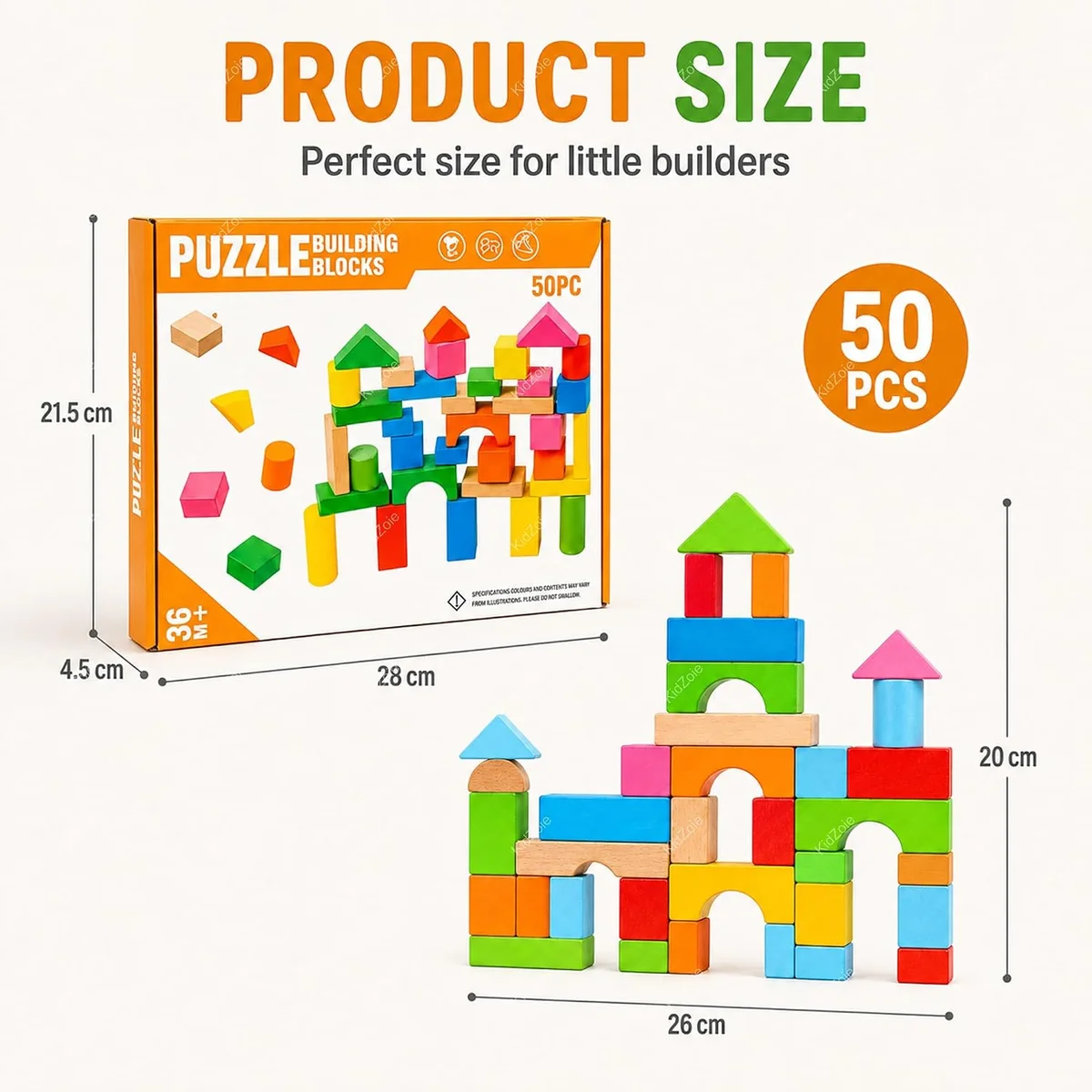 Toyly World™ Wooden Puzzle Building Blocks Set for Kids 3+ | 50-Piece Colourful Construction & Stacking Toy 4