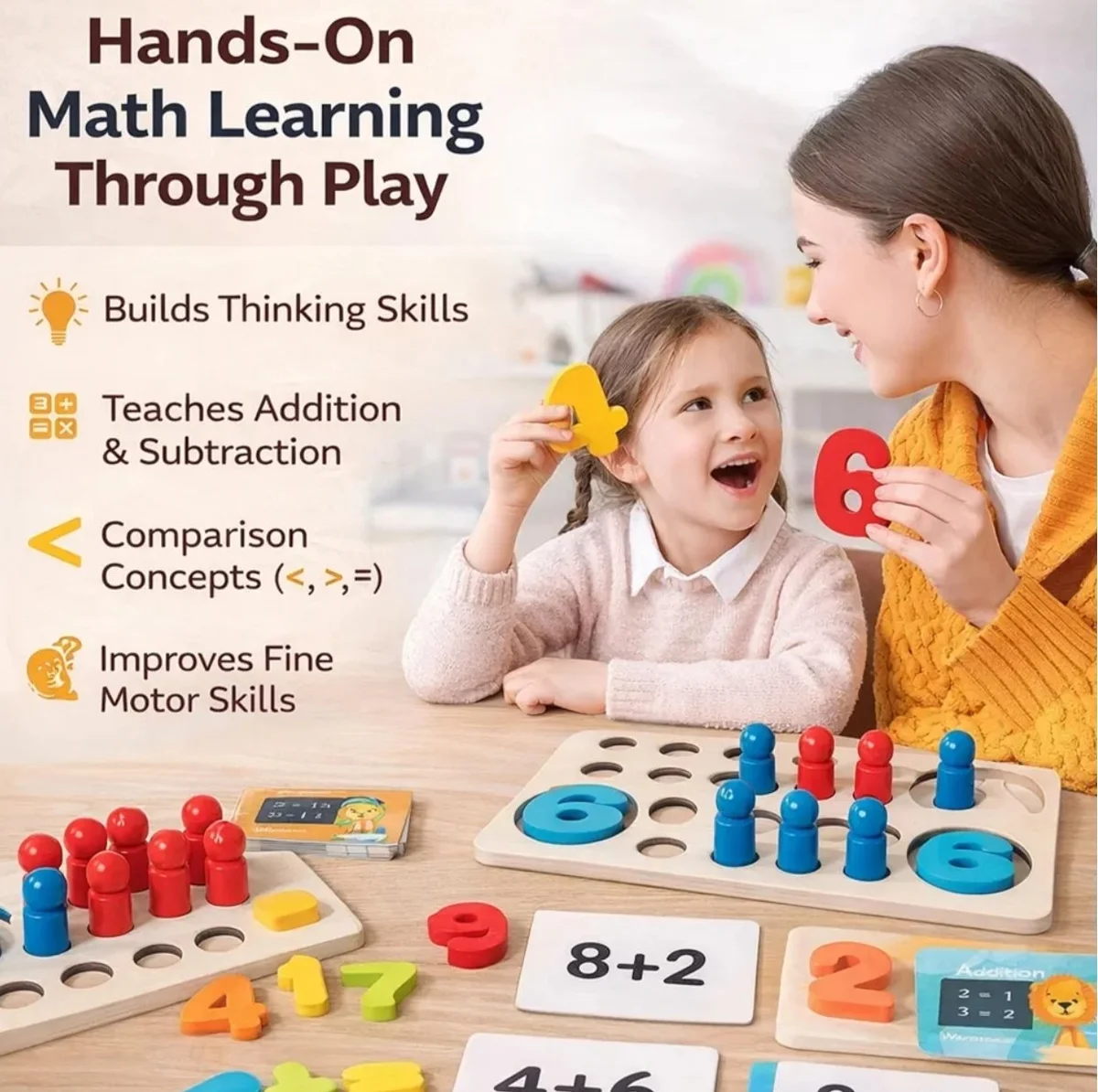 Toyly World™ Wooden Addition & Subtraction Peg Board for Kids 3–7 Years | Montessori Math Learning Toy with Flash Cards 2