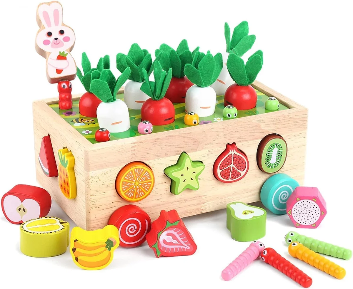 Toyly World™ Wooden Carrot Harvest & Vegetable Sorting Toy for Kids | Magnetic Fishing & Stacking Game