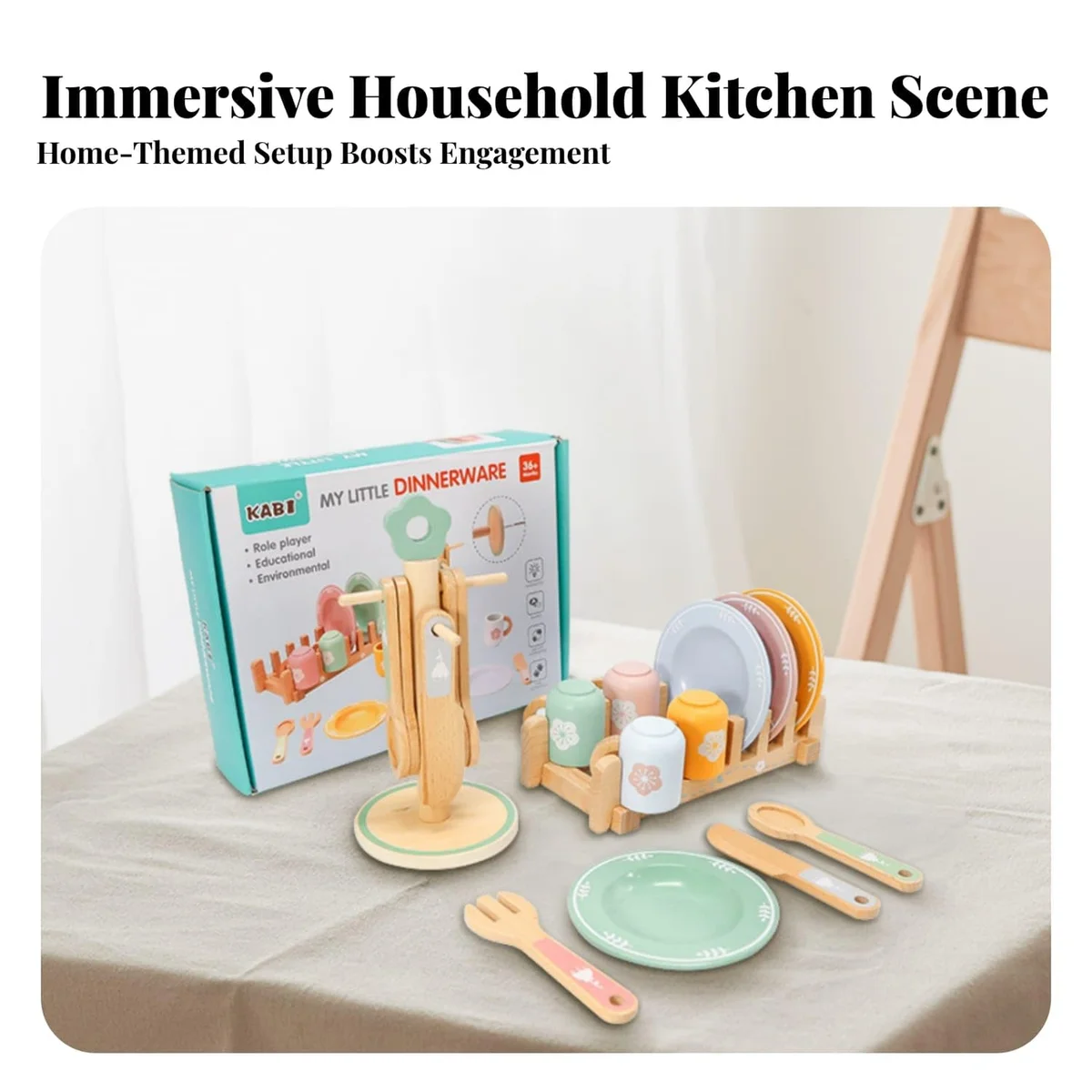 Toyly World™ Wooden Dinnerware Pretend Play Set for Kids 3+ | Montessori Toy Plates, Cups & Kitchen Utensils 6