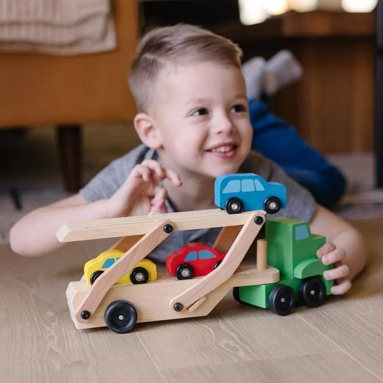 Toyly World™ Wooden Car Carrier Truck Set for Kids 3+ | Transporter Truck with 4 Mini Cars & Double-Level Loading Ramp 4