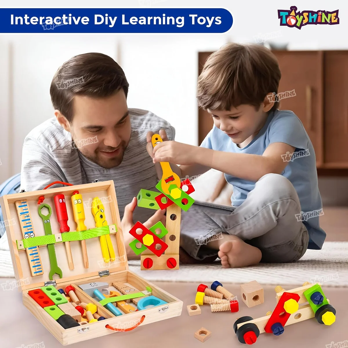 34 Pcs Wooden Tool Set Learning Educational Pretend Play Portable Construction Tools Kit Toy for Kids ,Montessori Stem Construction Toys for Boy Girl 3 + 3