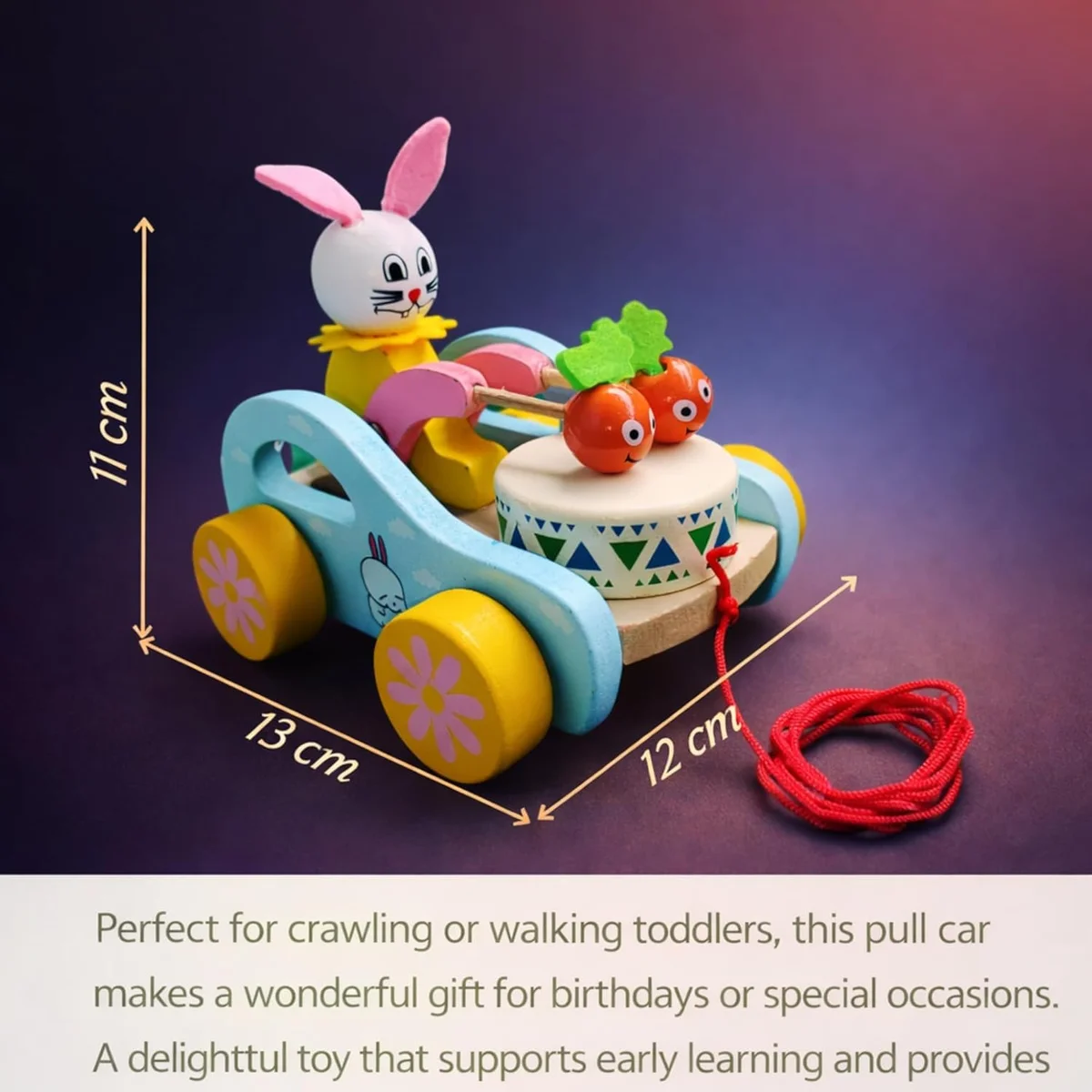 Toyly World™ Wooden Pull-Along Rabbit Toy for Toddlers 12+ Months | Musical Drum & Carrot Cart | Walking & Motor Skills Learning Toy 2