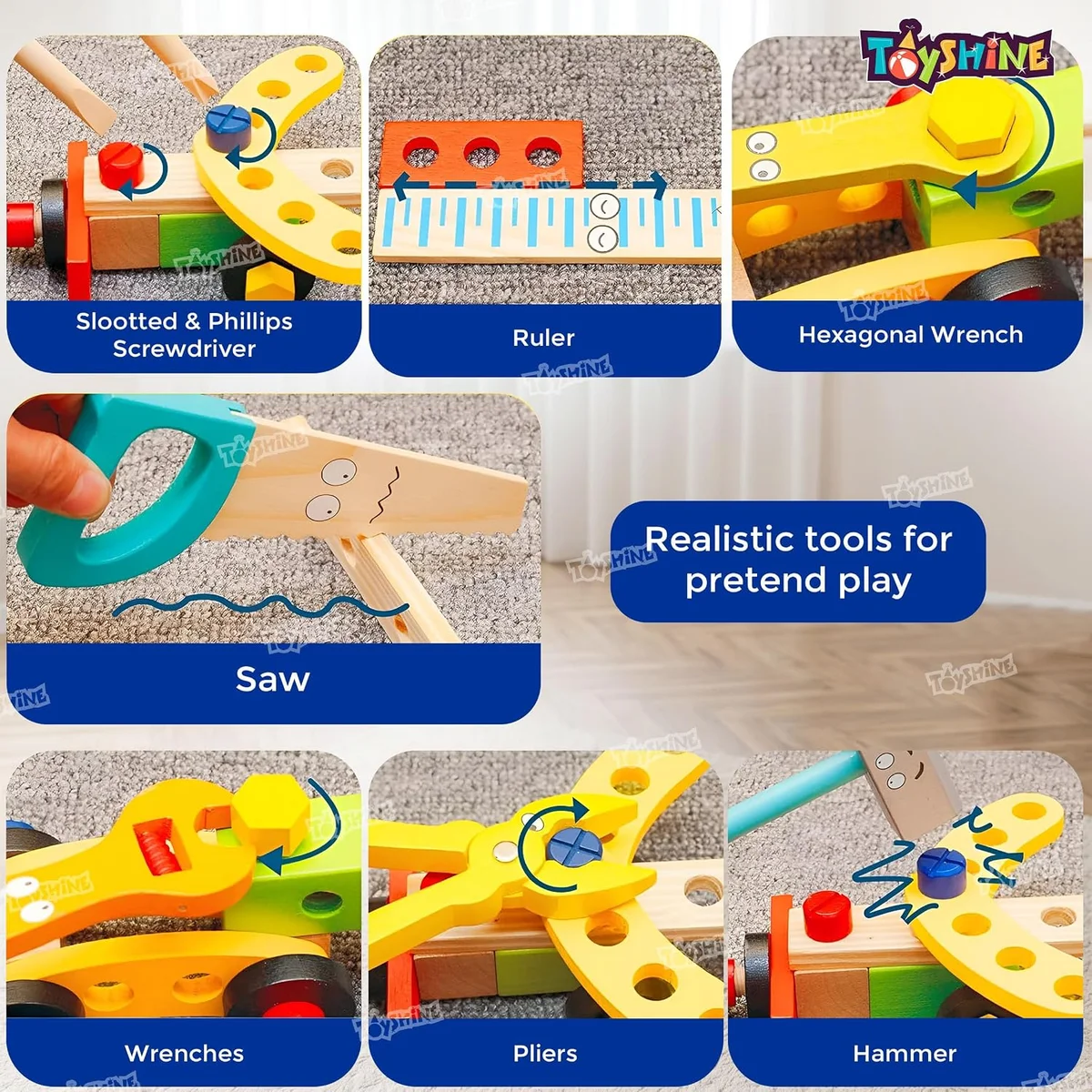 34 Pcs Wooden Tool Set Learning Educational Pretend Play Portable Construction Tools Kit Toy for Kids ,Montessori Stem Construction Toys for Boy Girl 3 + 4
