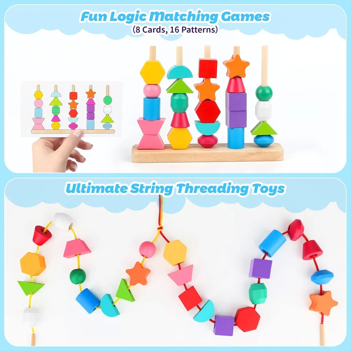 Toyly World™ Wooden Beads Sequencing & Lacing Toy Set for Kids | Montessori Shape & Colour Matching Learning Toy 8