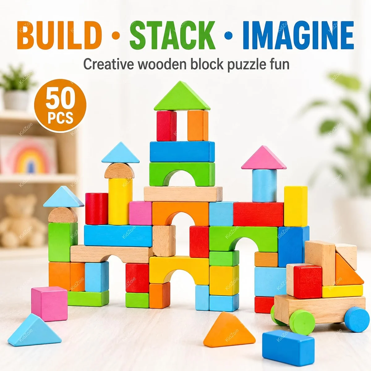 Toyly World™ Wooden Puzzle Building Blocks Set for Kids 3+ | 50-Piece Colourful Construction & Stacking Toy 5