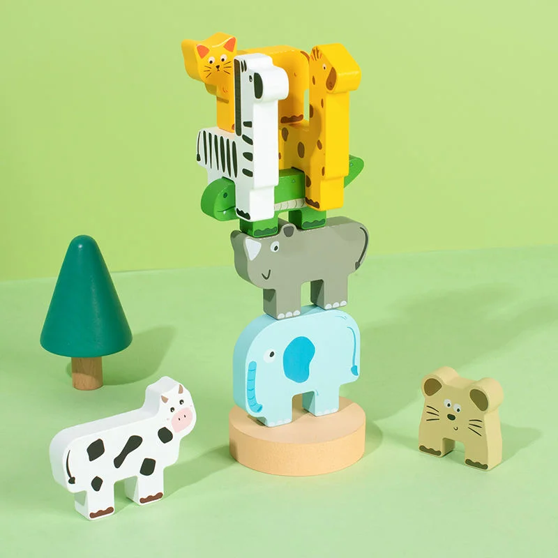 Toyly World™ Wooden Animal Stacking & Balancing Toy for Kids 3+ | Montessori Animal Puzzle with 10 Flashcards