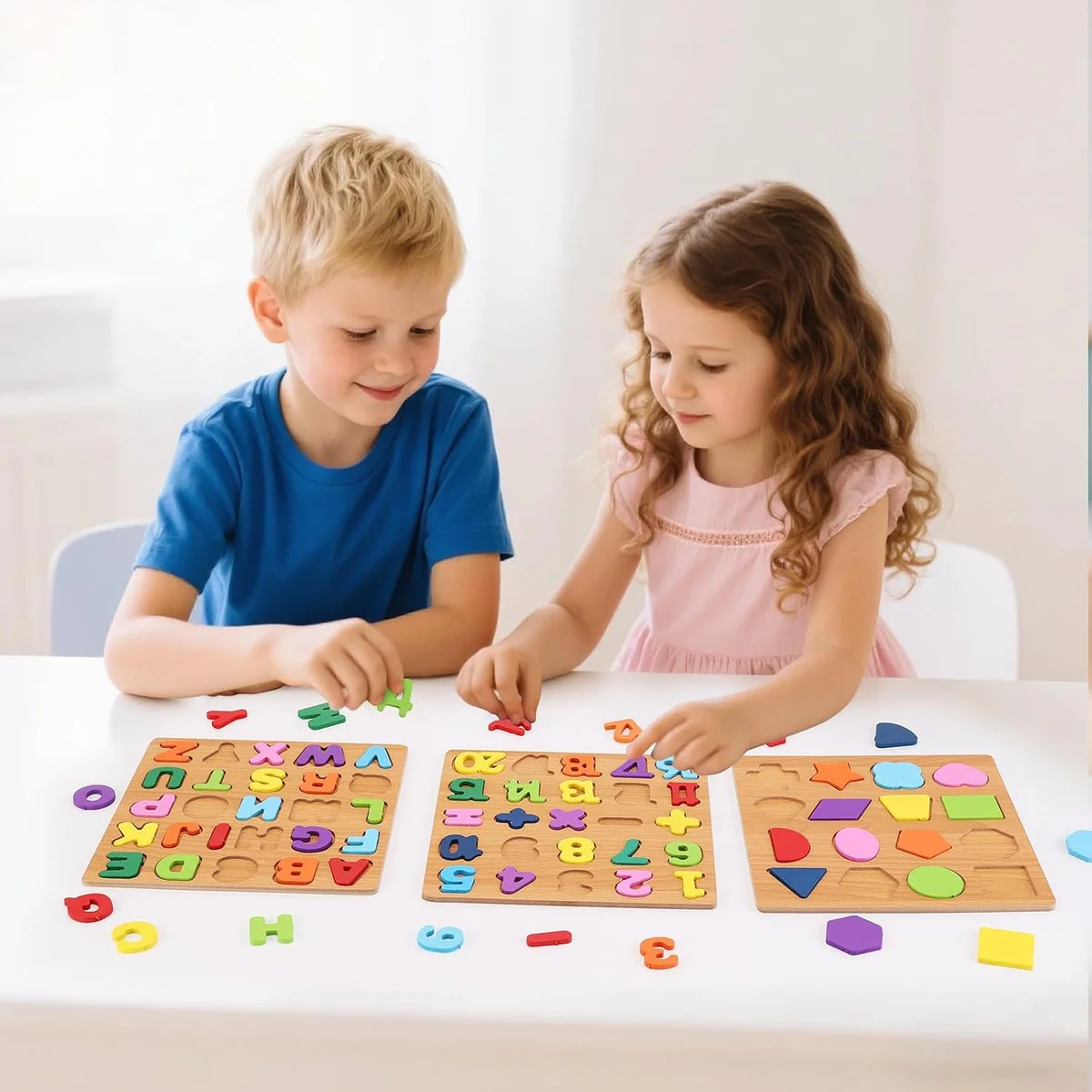 Wooden Puzzles for Kids Ages 3-5, 3 Pack ABC Number and Shape Learning Toys 3