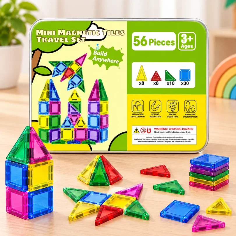 Toyly World™ Mini Magnetic Building Tiles for Kids 3+ | 56-Piece STEM Construction & Creative Learning Set