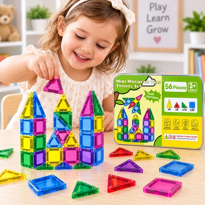 Toyly World™ Mini Magnetic Building Tiles for Kids 3+ | 56-Piece STEM Construction & Creative Learning Set 3