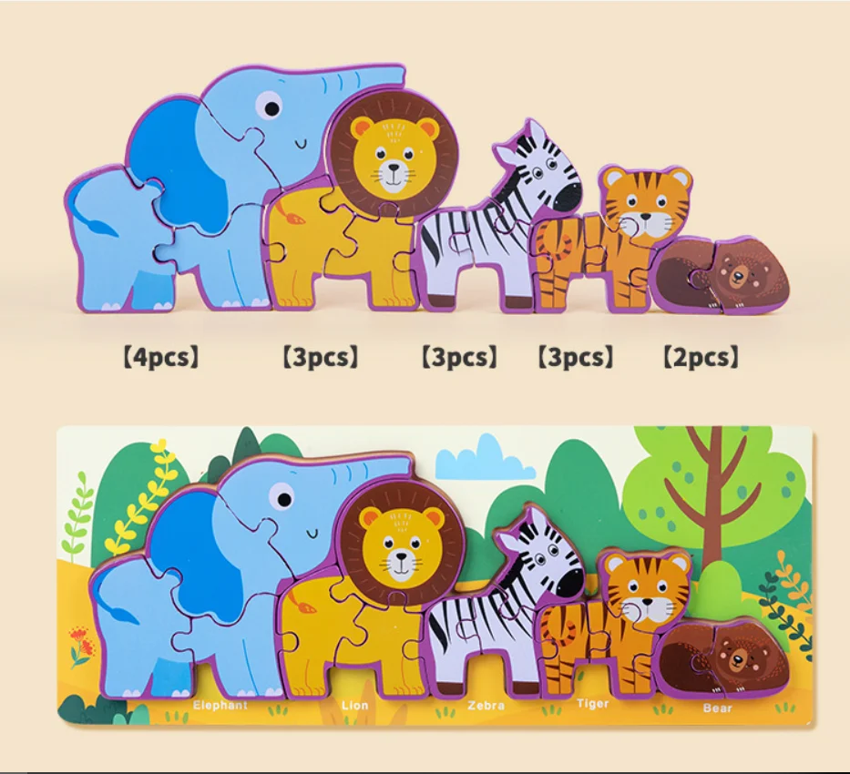 Toyly World™ Cartoon Animal Wooden Jigsaw Puzzle Set for Kids 3+ | Dinosaur, Ocean, Farm & Vehicle Learning Puzzles 3