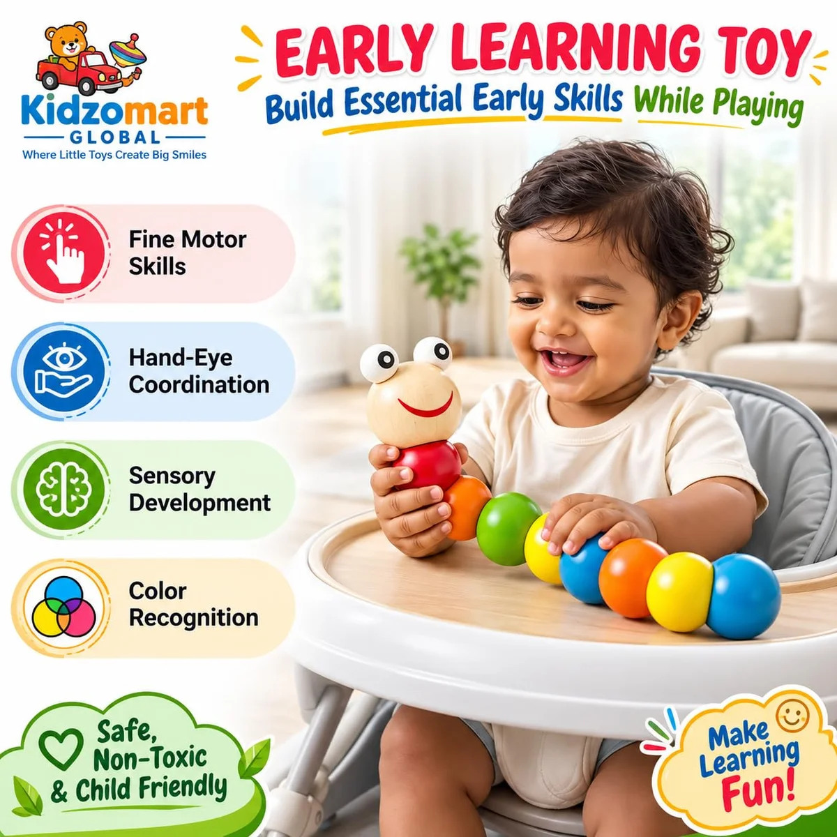 Toyly World™ Wooden Caterpillar Toy for Kids | Colorful Twisting Worm Montessori Sensory Learning Toy 4