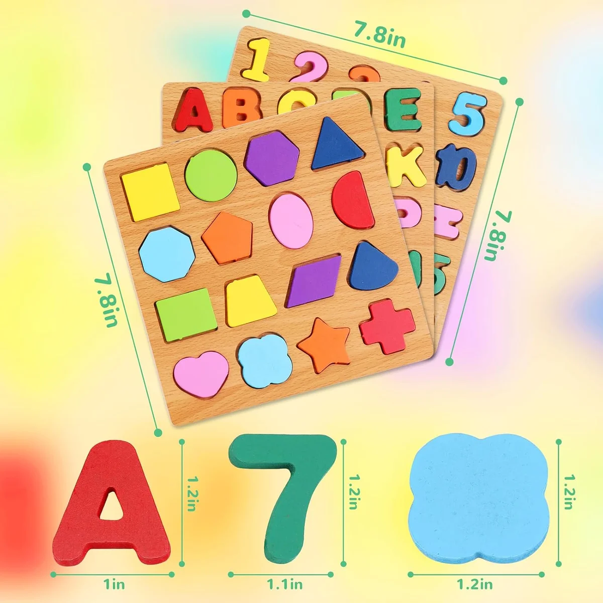 Wooden Puzzles for Kids Ages 3-5, 3 Pack ABC Number and Shape Learning Toys 2