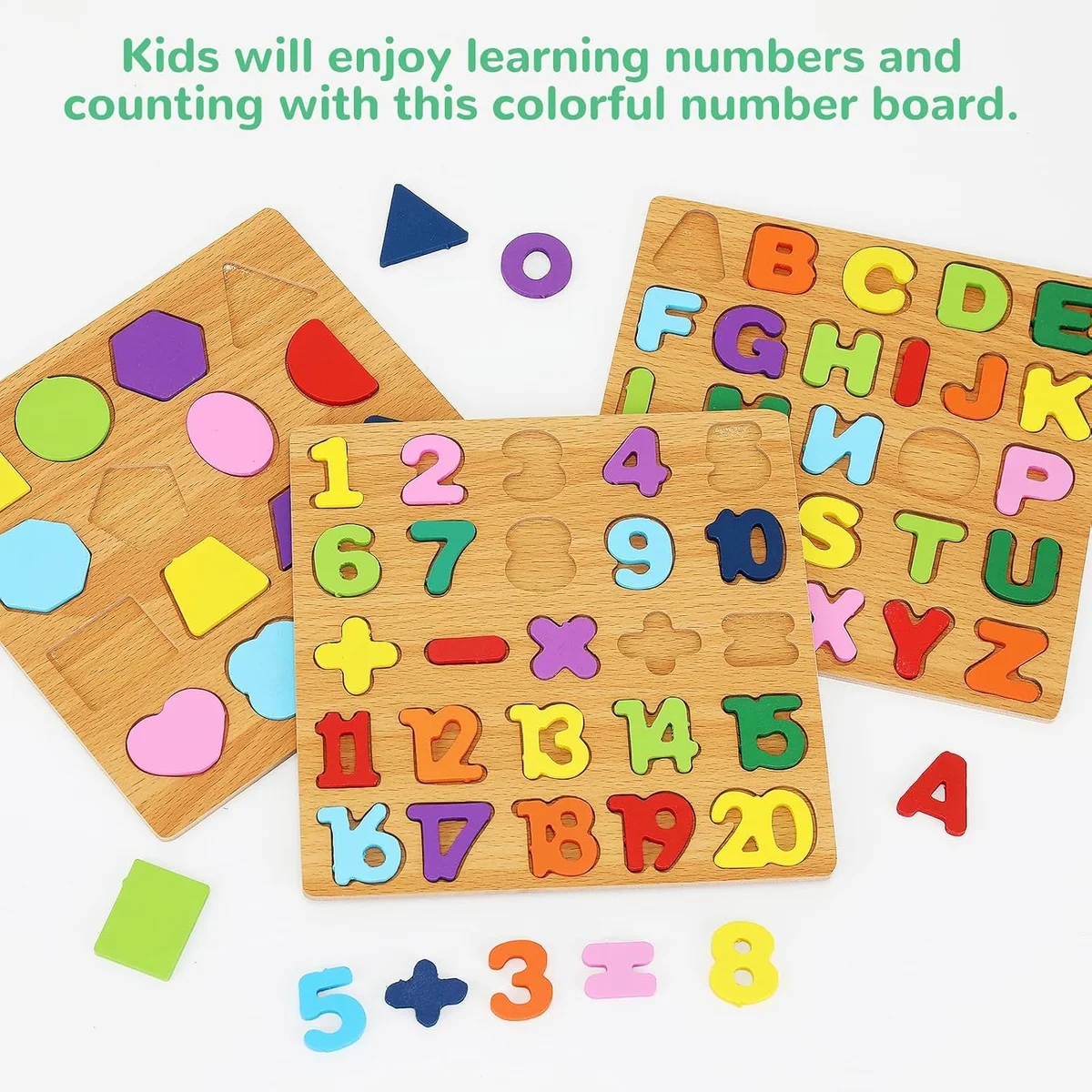 Wooden Puzzles for Kids Ages 3-5, 3 Pack ABC Number and Shape Learning Toys 5
