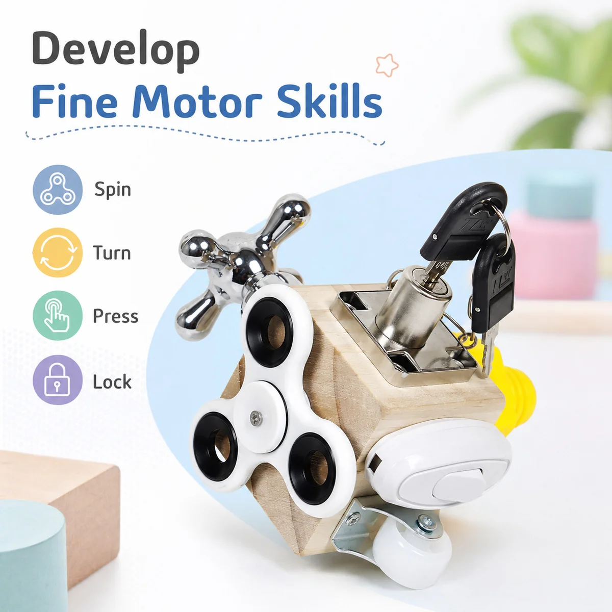 Toyly World™ Wooden Busy Cube Activity Toy for Kids 3+ | Montessori Lock & Latch Board | Fine Motor Skills Learning Toy 5