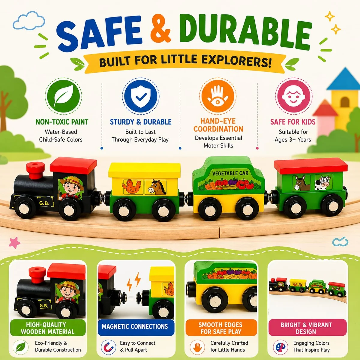 Toyly World™ Wooden Magnetic Train Set for Kids 3+ | Colourful Toy Train & Carriages | Pretend Play Learning Toy 3