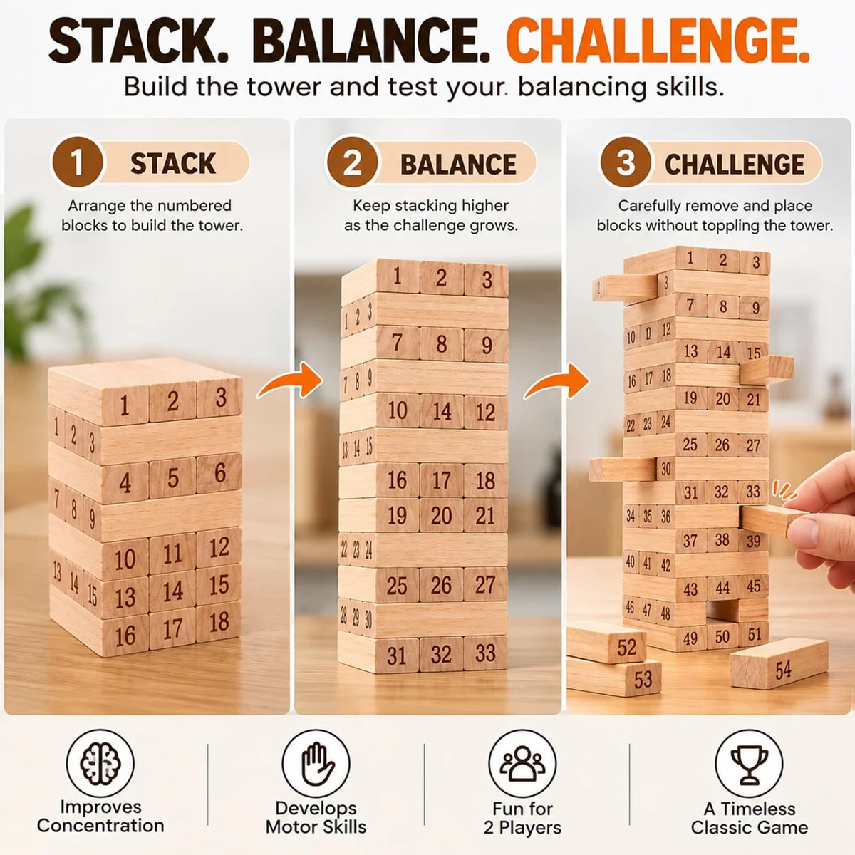 Toyly World™ Wooden Numbered Stacking Tower Game | Tumbling Blocks Balance Game for Kids & Family 2