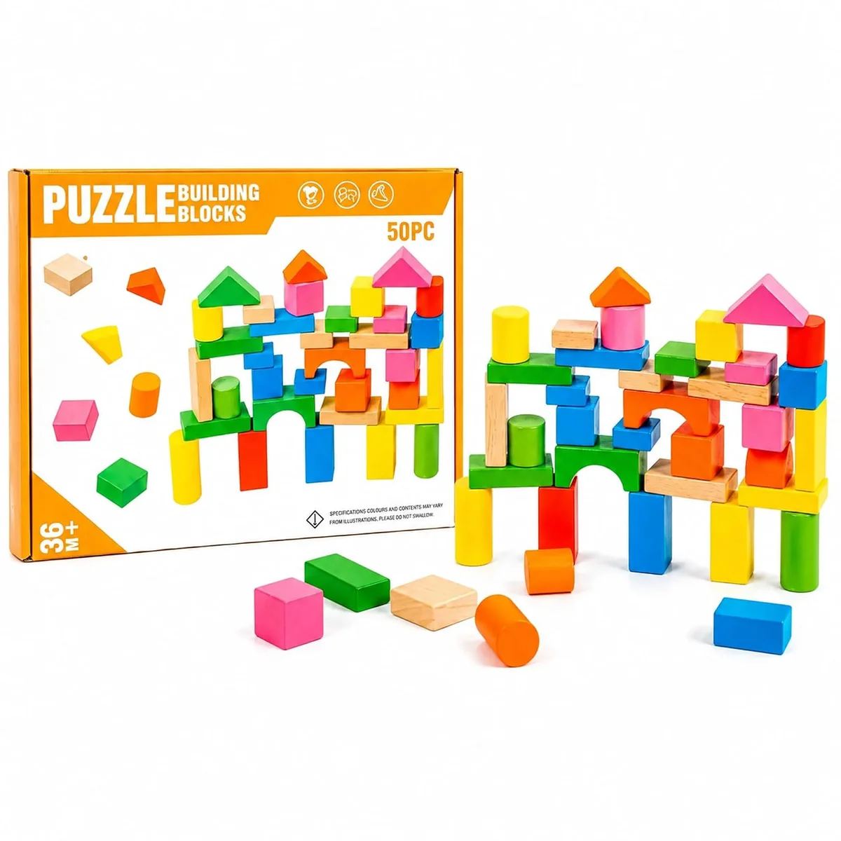 Toyly World™ Wooden Puzzle Building Blocks Set for Kids 3+ | 50-Piece Colourful Construction & Stacking Toy