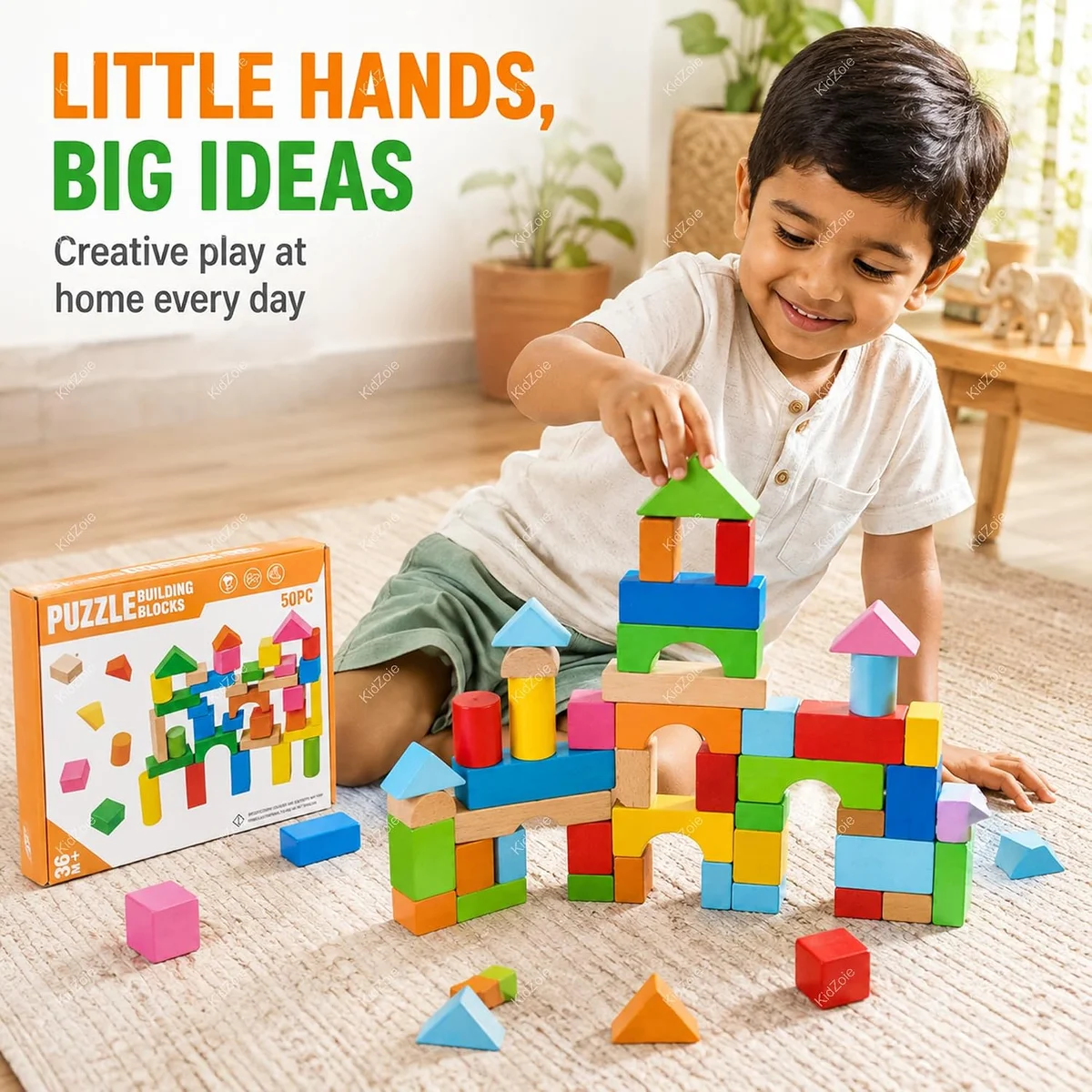 Toyly World™ Wooden Puzzle Building Blocks Set for Kids 3+ | 50-Piece Colourful Construction & Stacking Toy 8