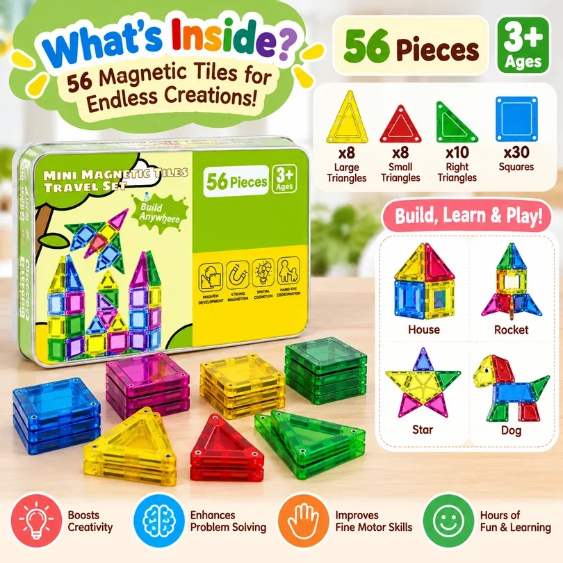 Toyly World™ Mini Magnetic Building Tiles for Kids 3+ | 56-Piece STEM Construction & Creative Learning Set 2