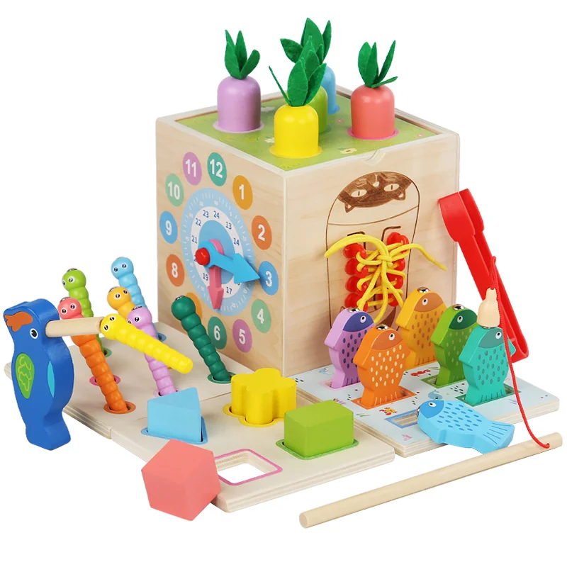 Toyly World™ 8-in-1 Wooden Montessori Activity Cube for Toddlers | Fishing, Carrot Harvest, Shape Sorting & Bead Maze Educational Toy 2+ 5
