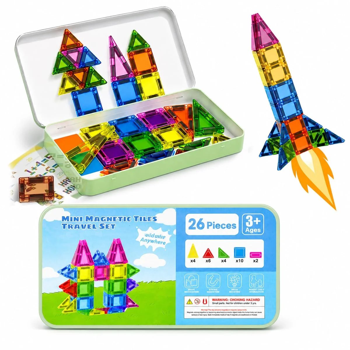Toyly World™ Mini Magnetic Tiles Building Set for Kids 3+ | 26-Piece STEM Construction Toy with Travel Tin