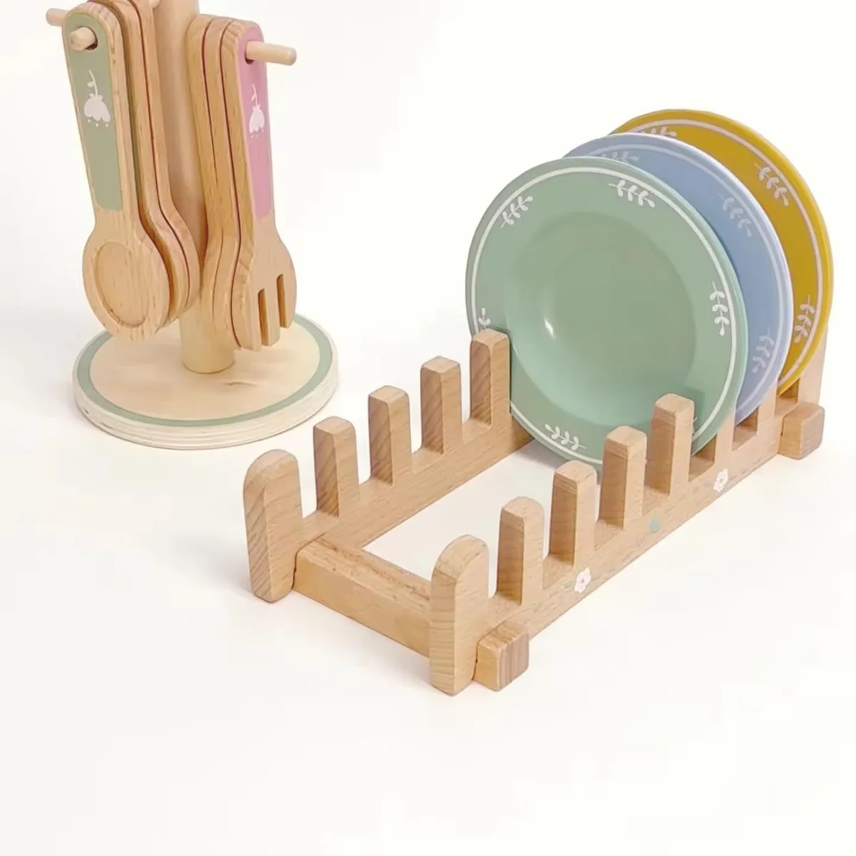 Toyly World™ Wooden Dinnerware Pretend Play Set for Kids 3+ | Montessori Toy Plates, Cups & Kitchen Utensils 2