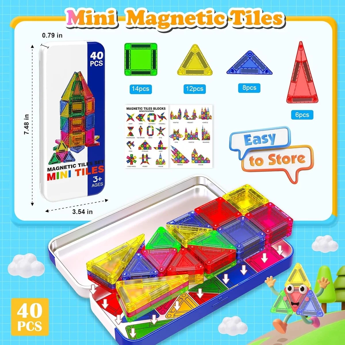 Toyly World™ Mini Magnetic Tiles Building Set for Kids 3+ | 40-Piece STEM Construction & Creative Learning Toy 2