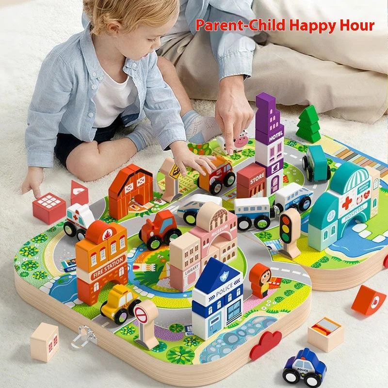 Toyly World™ Wooden City Blocks Set for Kids 3+ | Building, Roads, Vehicles & Pretend Play Construction Toy 3