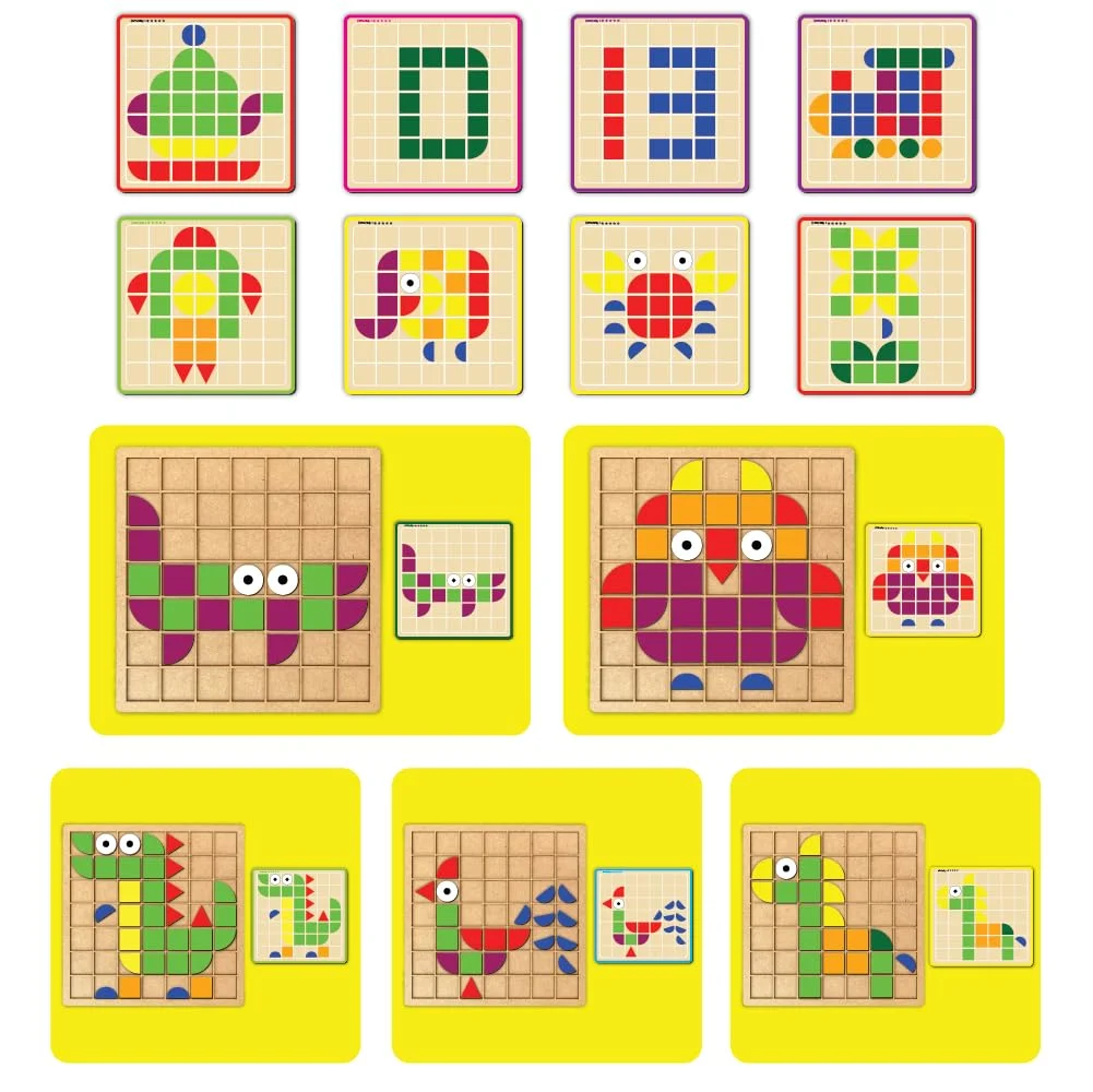 Toyly World™ Wooden Pattern Block Mosaic Puzzle for Kids 3+ | 157-Piece Shape Matching & 24 Design Cards | Montessori Educational Toy 3
