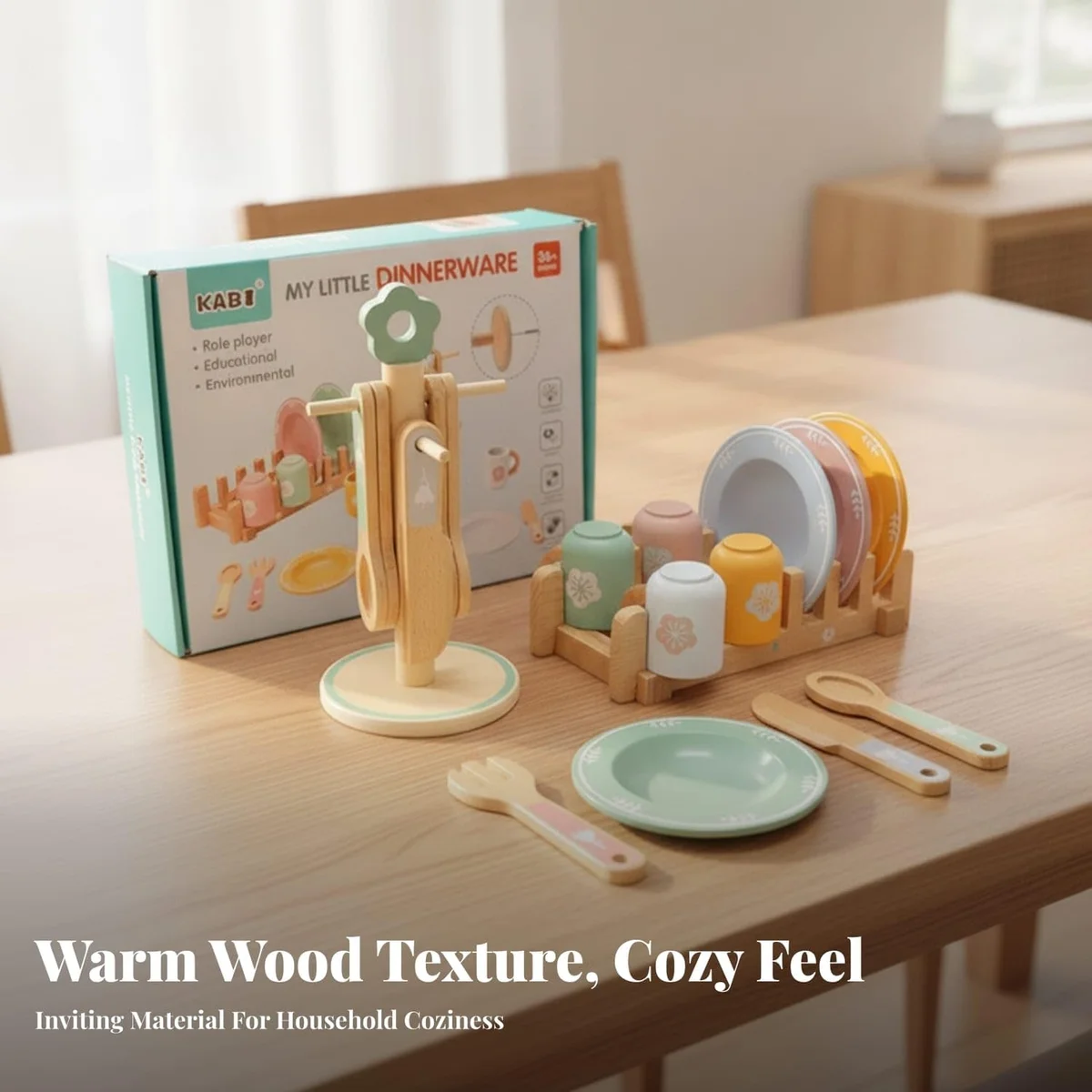 Toyly World™ Wooden Dinnerware Pretend Play Set for Kids 3+ | Montessori Toy Plates, Cups & Kitchen Utensils 9