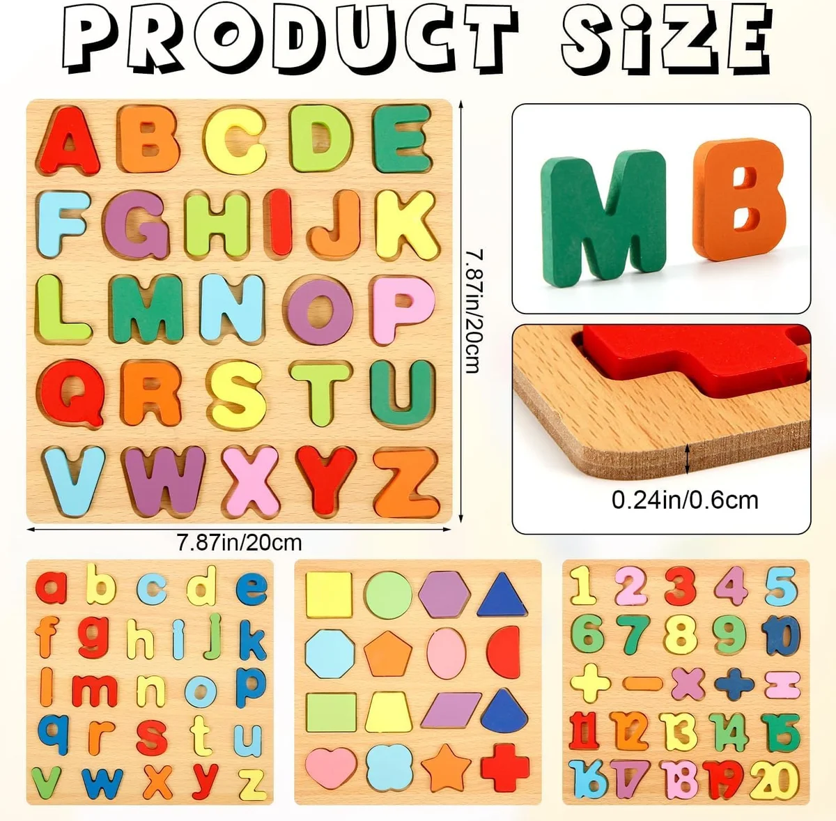 4-in-1 Wooden Alphabet Puzzle for Kids Ages 3+ – Upper & Lowercase Letters, Numbers & Shapes – Montessori Educational Learning Toy for Toddlers & Preschool – Fine Motor & Early STEM Skills 2