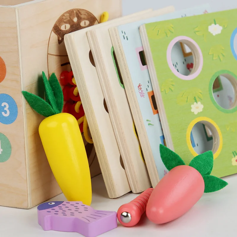 Toyly World™ 8-in-1 Wooden Montessori Activity Cube for Toddlers | Fishing, Carrot Harvest, Shape Sorting & Bead Maze Educational Toy 2+ 4