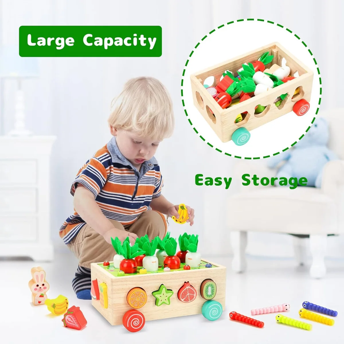 Toyly World™ Wooden Carrot Harvest & Vegetable Sorting Toy for Kids | Magnetic Fishing & Stacking Game 7
