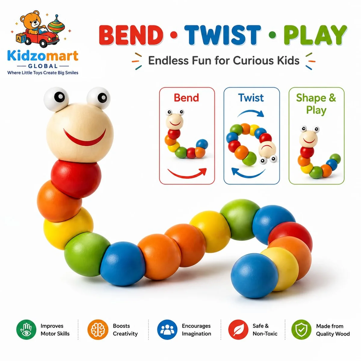 Toyly World™ Wooden Caterpillar Toy for Kids | Colorful Twisting Worm Montessori Sensory Learning Toy 2