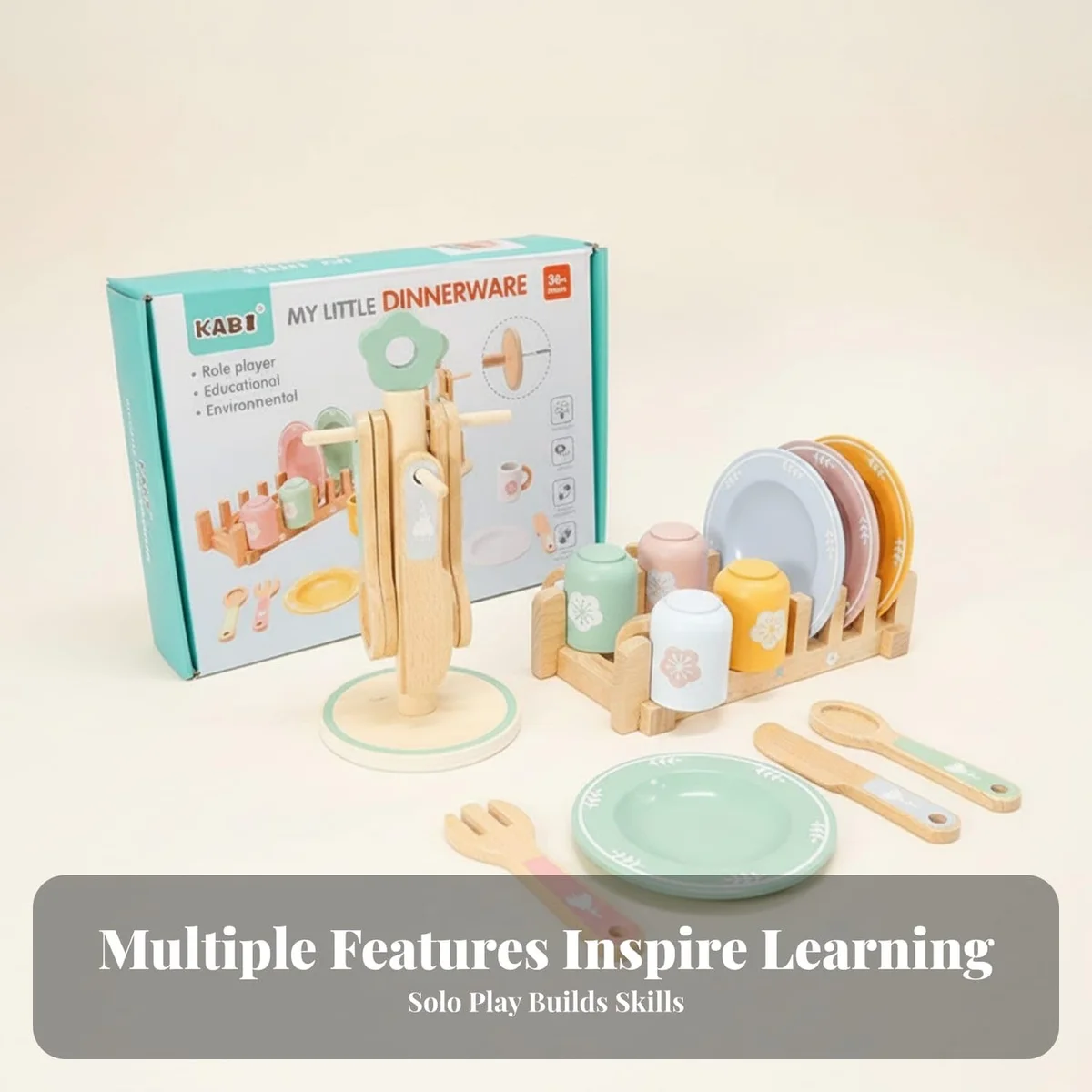 Toyly World™ Wooden Dinnerware Pretend Play Set for Kids 3+ | Montessori Toy Plates, Cups & Kitchen Utensils 8