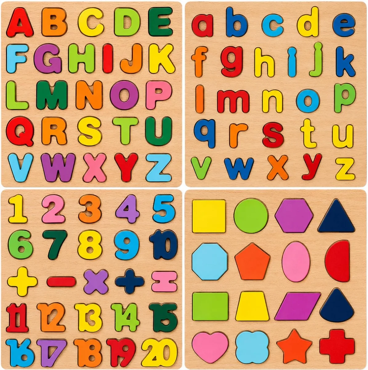 4-in-1 Wooden Alphabet Puzzle for Kids Ages 3+ – Upper & Lowercase Letters, Numbers & Shapes – Montessori Educational Learning Toy for Toddlers & Preschool – Fine Motor & Early STEM Skills