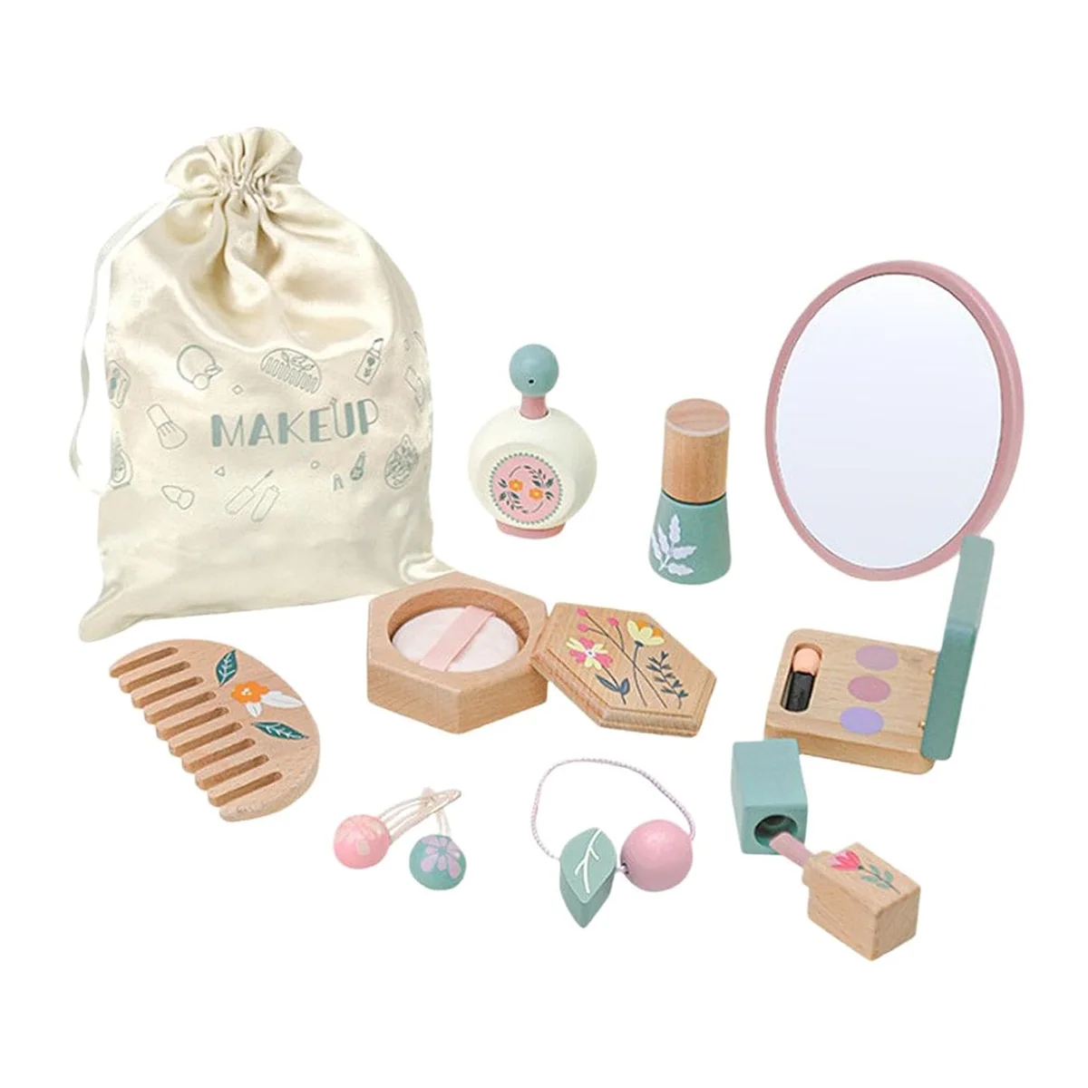 Toyly World™ Wooden Pretend Makeup Set for Kids 3+ | Montessori Beauty & Role Play Toy with Mirror, Comb & Accessories 6